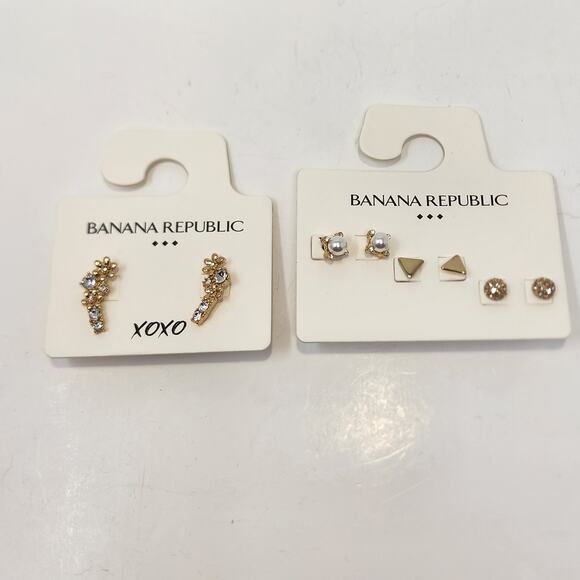 Banana Republic Earring Set of 4 Gold Tone Studs Crystal Casual Workwear Jewelry - Picture 2 of 6